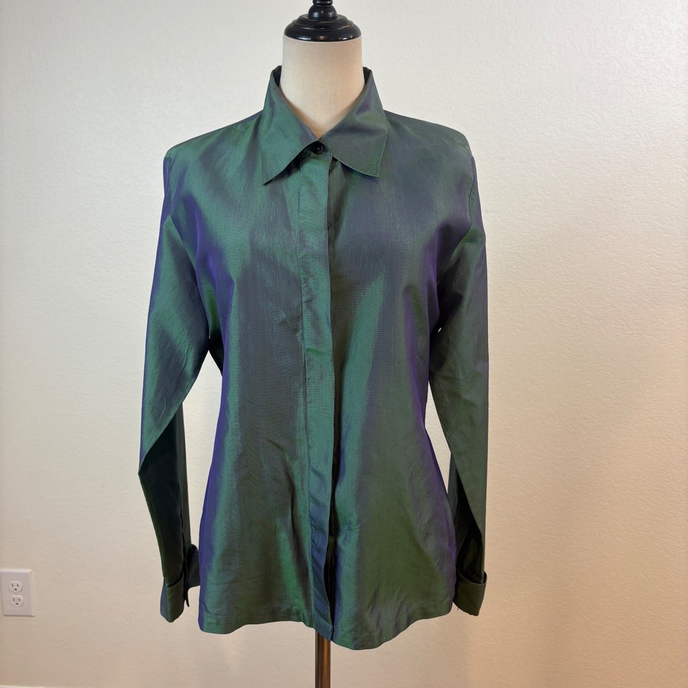 Express Silk Blouse Womens 11/12 Green Iridescent 90s Vintage Top shimmery